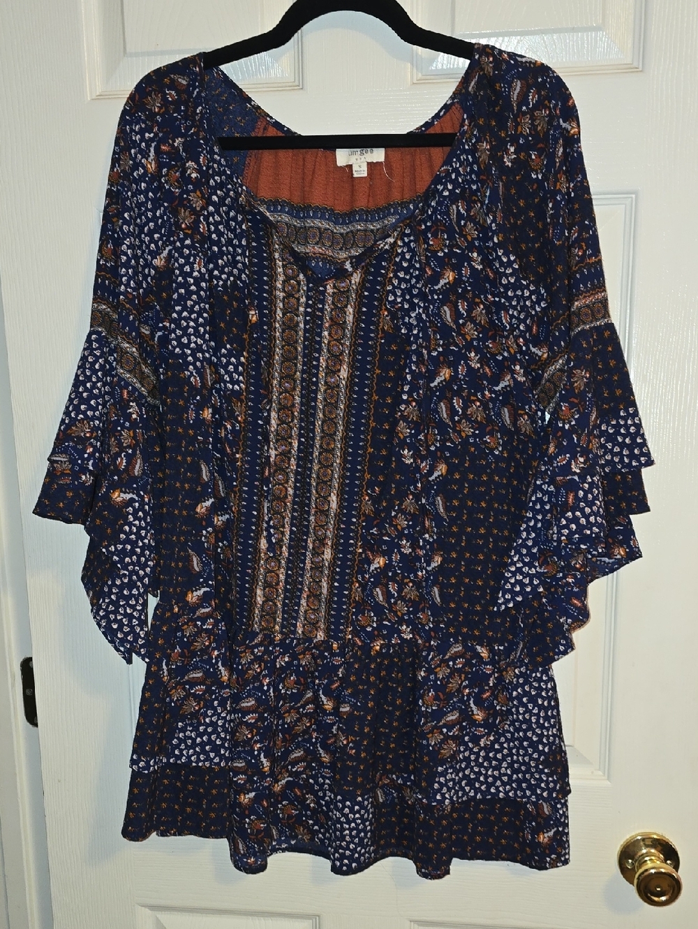 Umgee Navy & Rust Boho Floral Ruffle-Sleeve Tunic